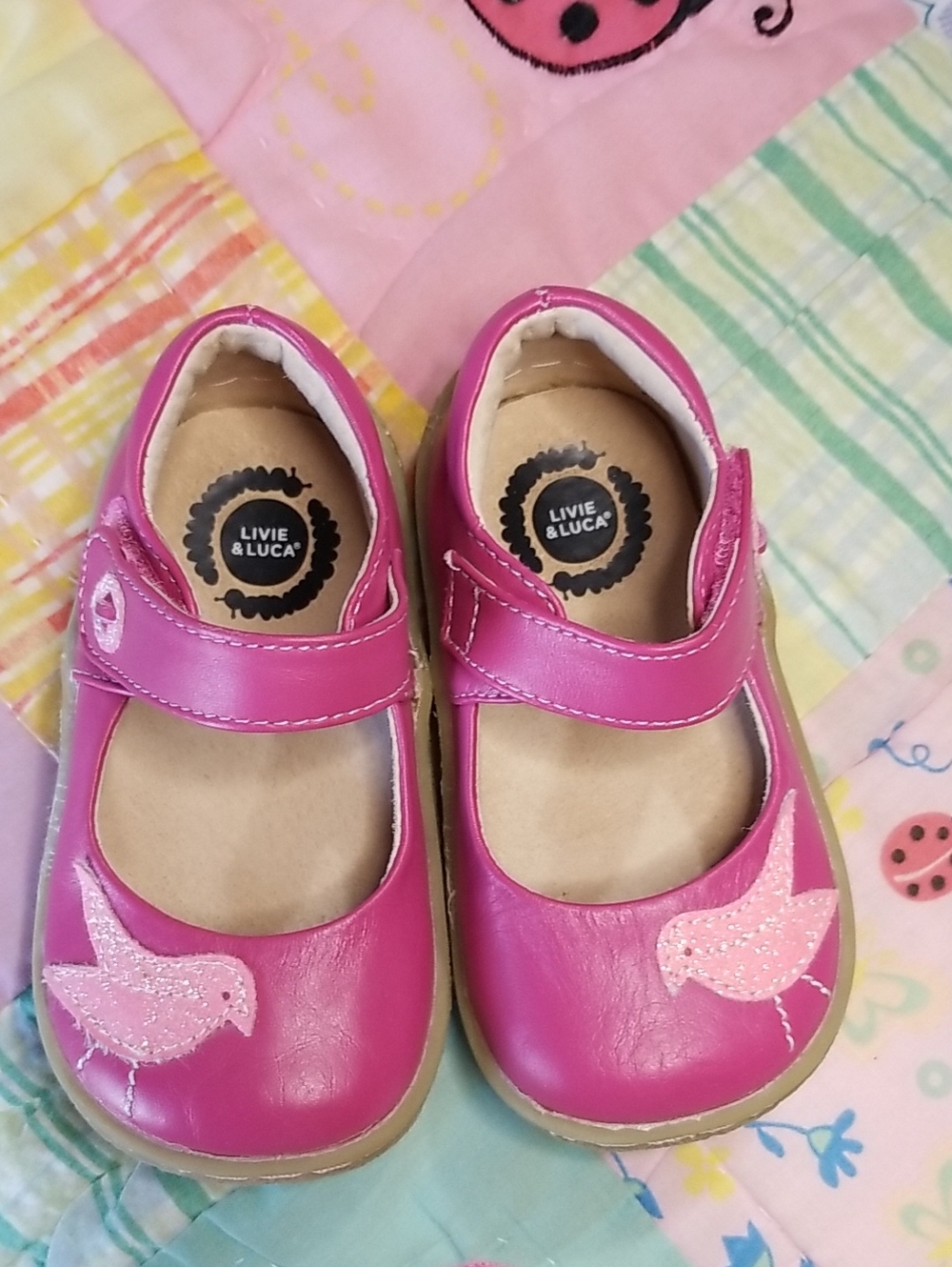 Livie & Luca Pink Leather Mary Jane Shoes with Pink Glitter Bird Size 6 Pio Pio - Picture 2 of 9